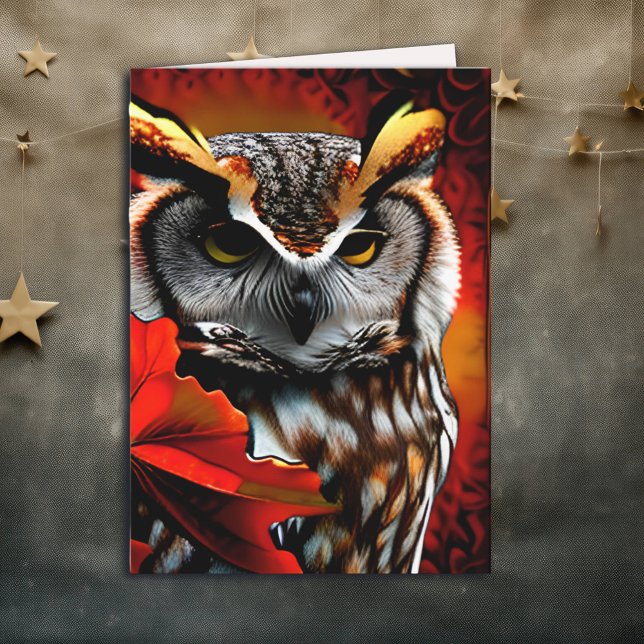 Majestic Owl with Red Leaf Ai Art Card (Creator Uploaded)