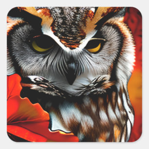 Majestic Owl with Red Leaf Ai Art Square Sticker