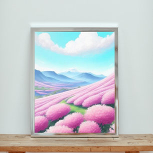 Majestic Panorama of Pink Flowers and Mountains Photo Print