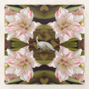 Majestic Peacock and Amaryllis Candy Cane Glass Coaster