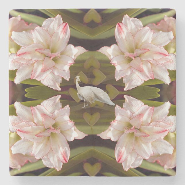 Majestic Peacock and Amaryllis Candy Cane Stone Coaster (Front)