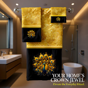 Majestic Peacock Display Blue And Gold Bath Towel Set
