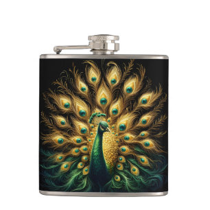 Majestic Peacock Display Blue And Gold Hip Flask