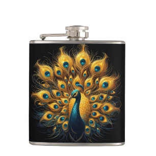 Majestic Peacock Display Blue And Gold Hip Flask