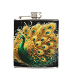 Majestic Peacock Display Blue And Gold Hip Flask