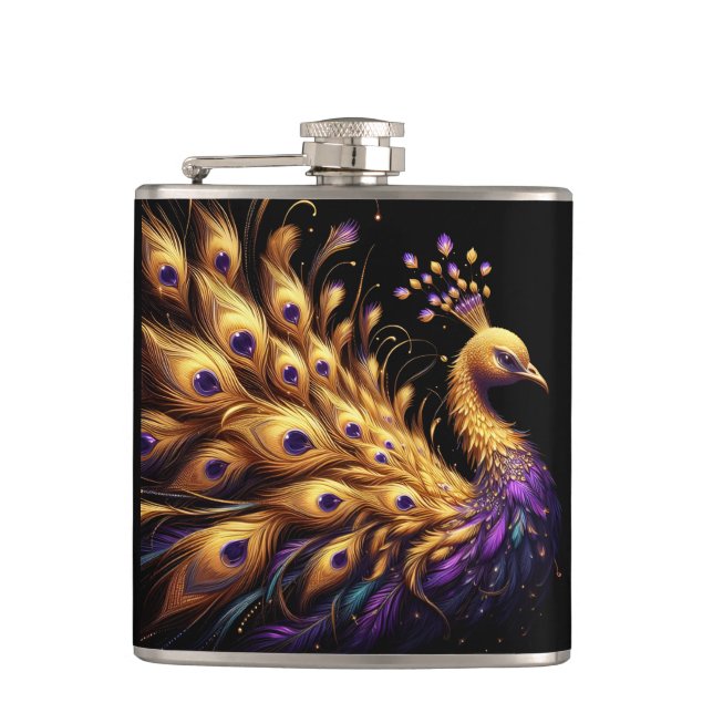 Majestic Peacock Displaying Purple and Gold Feathe Hip Flask (Front)