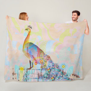 Majestic peacock on a fence - abstract art fleece blanket