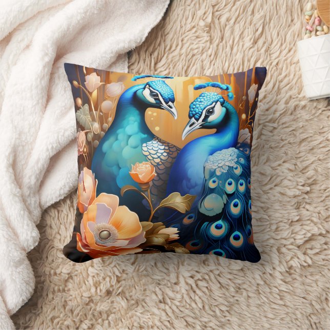Majestic Peacocks Among Colourful Blooms Throw Pillow (Blanket)