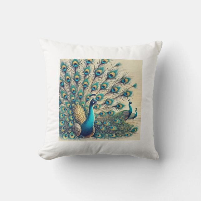 Majestic Peacocks – Vibrant Feather Display pillow (Front)