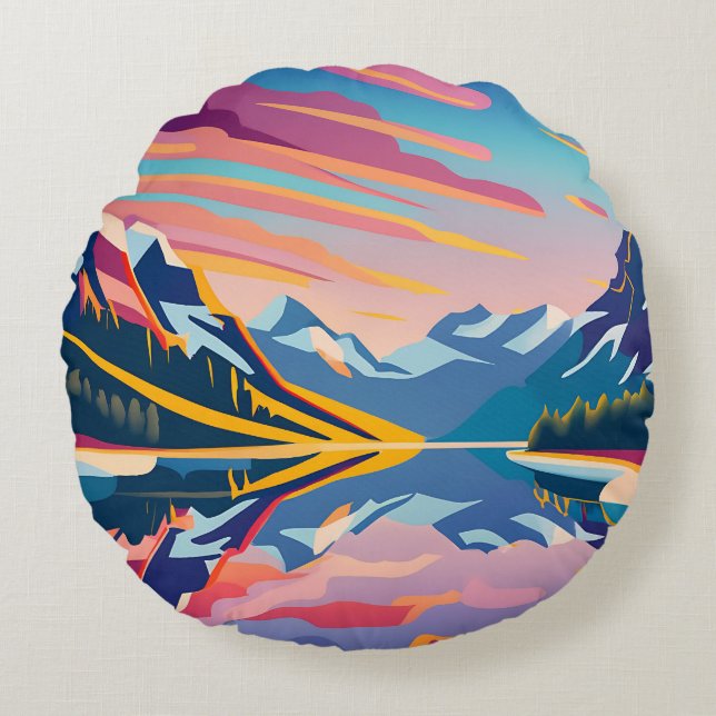 Majestic Peaks and Vivid Skies Round Pillow (Front)