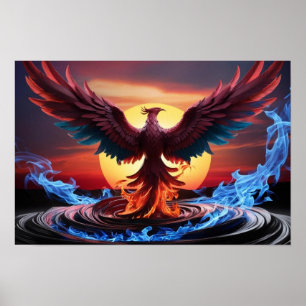 Majestic Phoenix Rising from Fiery Depths Sunset Poster