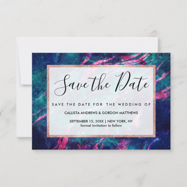Majestic Pink Teal Green Marbled Starry Nebula Save The Date (Front)