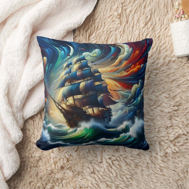 Majestic Pirate Ship Navigating Stormy Seas Throw Pillow (Blanket)