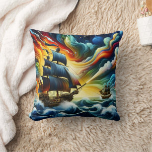 Majestic Pirate Ship Sailing Through Colourful Sea Throw Pillow