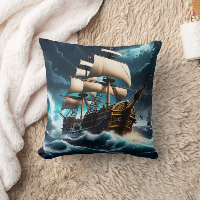 Majestic Pirate Ship Sailing Through Stormy Seas Throw Pillow (Blanket)