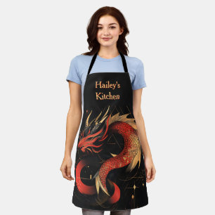 Majestic Red and Gold Chinese Dragon Art Apron