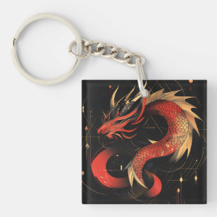 Majestic Red and Gold Chinese Dragon Art Keychain