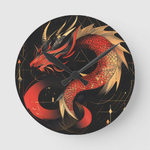 Majestic Red and Gold Chinese Dragon Art Round Clock