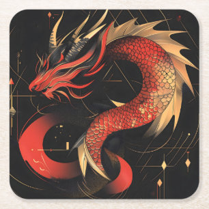 Majestic Red and Gold Chinese Dragon Art Square Paper Coaster
