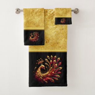 Majestic Red and Gold Peacock Bath Towel Set