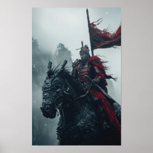 Majestic Red Armoured Knight Riding a Qilin Poster