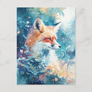 Majestic Red Fox in Teal Botanical Meadow Postcard