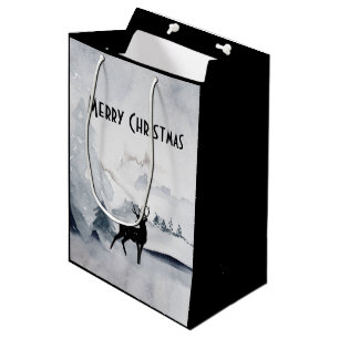 Majestic Reindeer Grey Watercolor Merry Christmas Medium Gift Bag