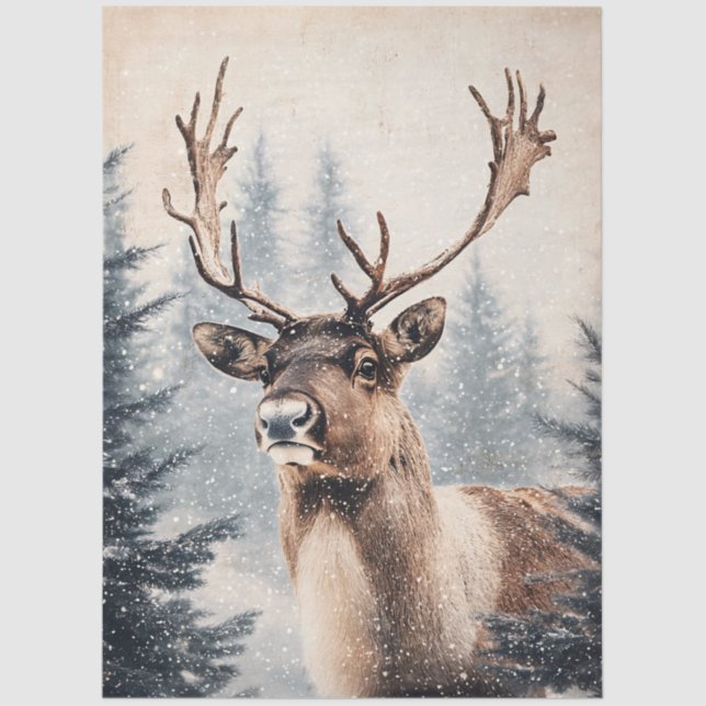 Majestic Reindeer in Snowy Forest Decoupage Tissue Paper (Front)