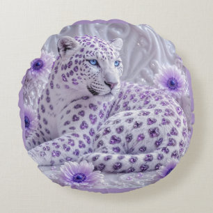 Majestic Royal Purple Jewelled Leopard Art Round Pillow