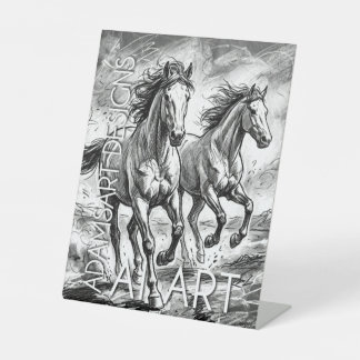 Majestic Running Horses Black and White Sketch Pedestal Sign