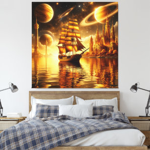 Majestic Sailing Ship Under Golden Sky Canvas Print