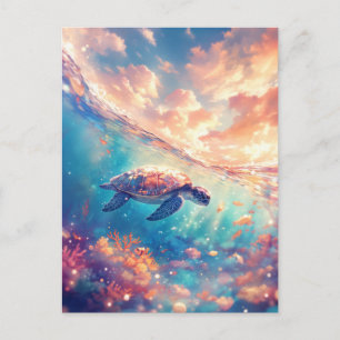 Majestic Sea Turtle Under Sunset Sky Postcard