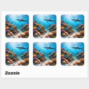 Majestic shark and coral reef high definition stic square sticker