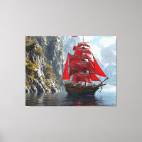 Majestic Ship With Red Sails Near Steep Rocky Coas