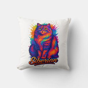 Majestic Siberian Cat Pop Art – Vibrant Rainbow Throw Pillow