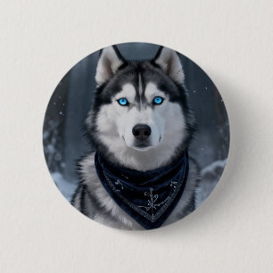 Majestic Siberian Husky Blue Eyes Winter Snow Acce 2 Inch Round Button