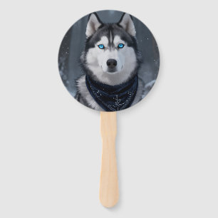 Majestic Siberian Husky Blue Eyes Winter Snow Butt Hand Fan