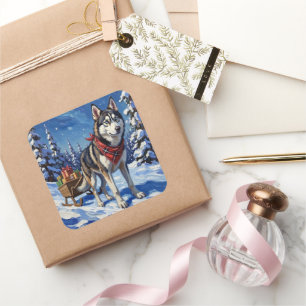 Majestic Siberian Husky Pulling Christmas Sled Square Sticker