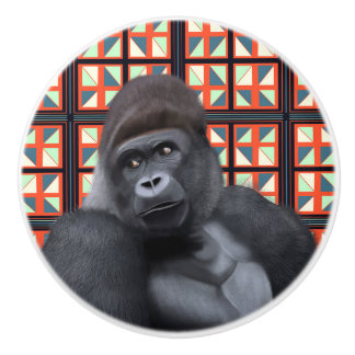 Majestic Sitting Gorilla On Red Geometric Wildlife Ceramic Knob