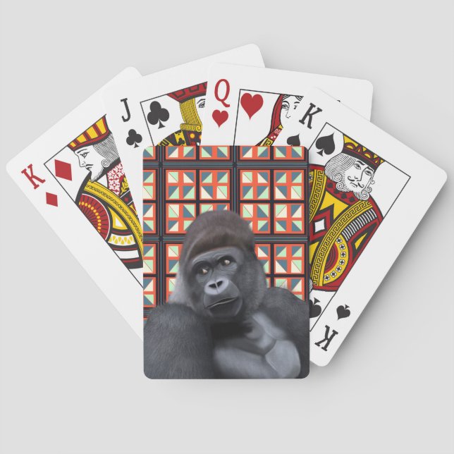 Majestic Sitting Gorilla On Red Geometric Wildlife Playing Cards (Back)