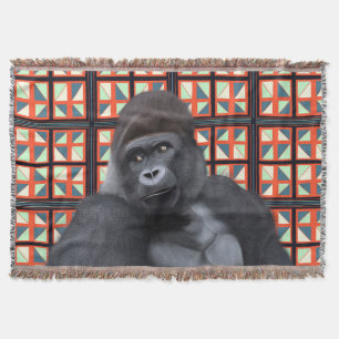 Majestic Sitting Gorilla On Red Geometric Wildlife Throw Blanket