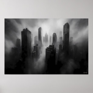 Majestic Skyscrapers Engulfed in Dramatic Fog Poster