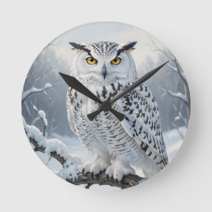 Majestic Snowy Owl Winter Scene Round Clock