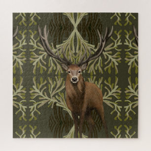 Majestic Stag Abstract Green Forest Jigsaw Puzzle