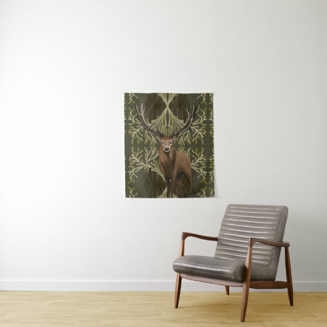 Majestic Stag Abstract Green Forest  Tapestry (In Situ)