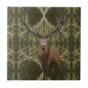 Majestic Stag Abstract Green Forest  Tile