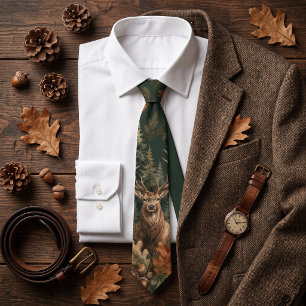 Majestic Stag Deer & Pine Forest Green Men's Tie