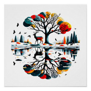 Majestic Stag in Snowy Winter Forest Poster