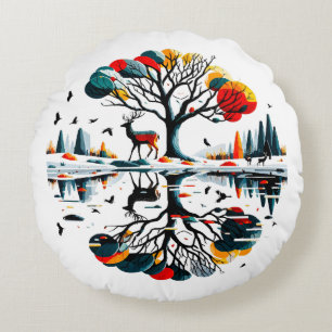 Majestic Stag in Snowy Winter Forest Round Pillow
