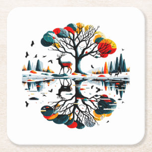 Majestic Stag in Snowy Winter Forest Square Paper Coaster